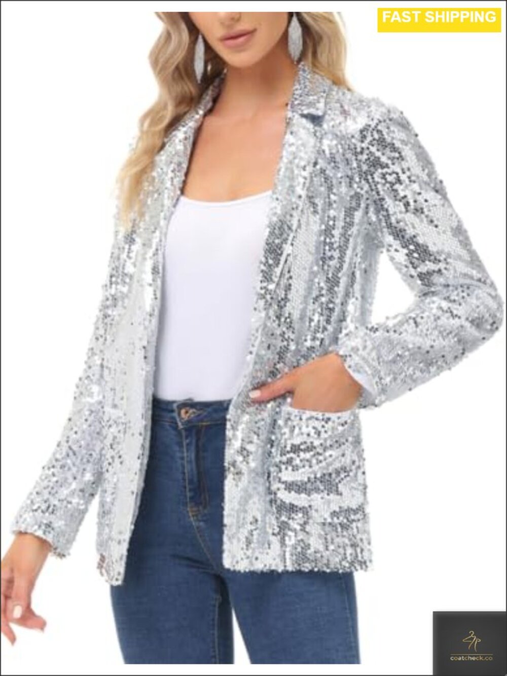 Sequin Blazer Jacket Open Front Long Sleeve Sparkly Cardigan Coat with Pockets